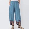 Women Cotton Linen Print Irregular Elastic Waist Casual Loose Wide Leg Pants