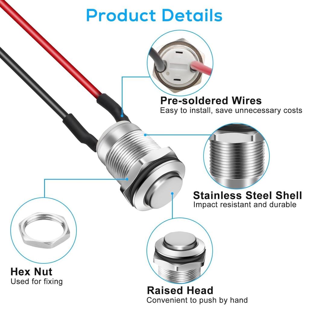 Linkstyle 10PCS 12mm Momentary Push Button Switch, Mini Round Pushbutton Switches with Pre-Wired, Waterproof, for Car Boat