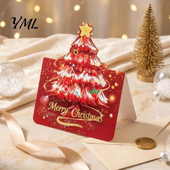 Festive Gift Cards for Relatives Friends 10 Pcs 3D Christmas Tree Greeting Cards, Holiday Postcards Decorative Bulk New Year, Winter Xmas Party