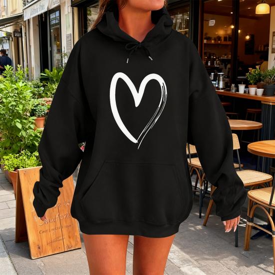 Women's Heart Print Hoodies Fall Long Sleeve Drawstring Pullover Top Oversized Fleece Lined Sweatshirt with Pocket
