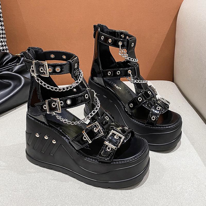 Fashion 10CM Wedges High Heels Height Increasing Peep Toe Shoes Heel Shoe Summer Gothic Buckle Platform Sandals Black Women Cool Boots