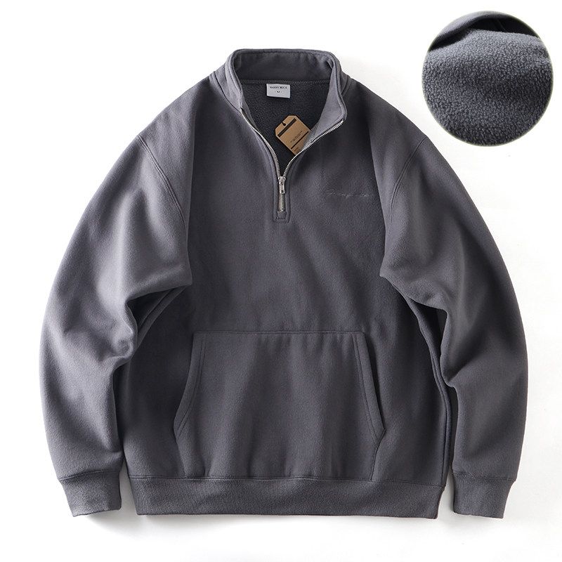 American Heavy Weight Heavy Weight Stiff Stand Collar Half Zip Sweatshirt Men s Autumn and Winter Fleece-lined Export Men Casual Jacket Dark gray L