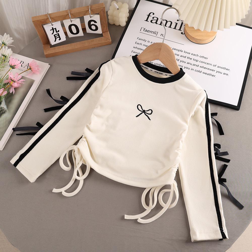 Girls' Embroidered Bow Long-Sleeve T-Shirt for Spring & Autumn