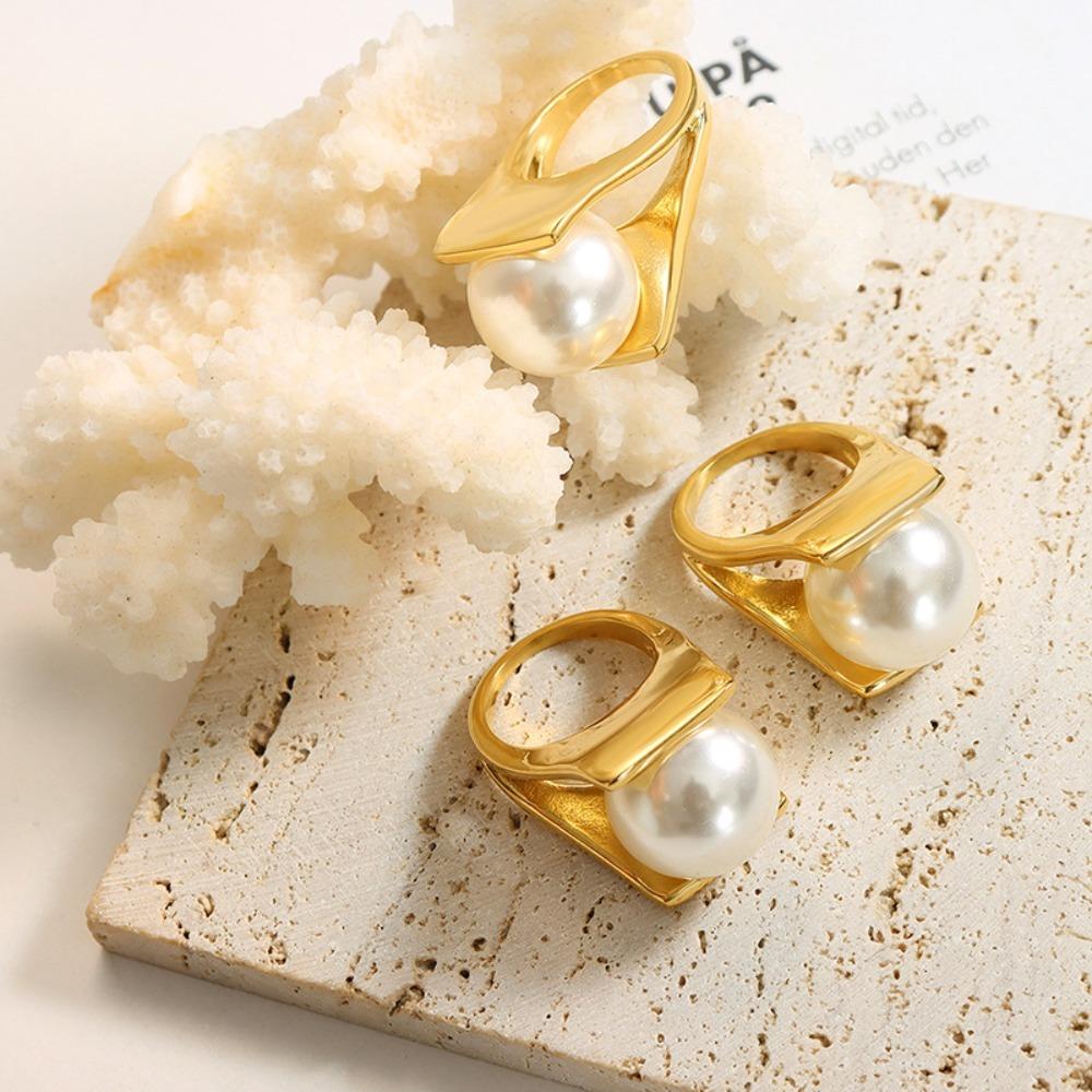 French Exaggerated Personality Geometry Imitation Pearl Stainless Steel Ring for Women Does Not Fade Finger Jewelry Accessory