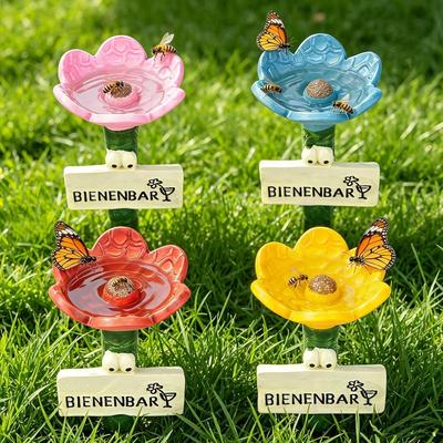 Bee Watering Station for Garden, 4 Pcs Bee Cups for Garden with Resin Flower Shaped, Colorful Insect Butterfly Pollinator Drinking Cup Feeders with