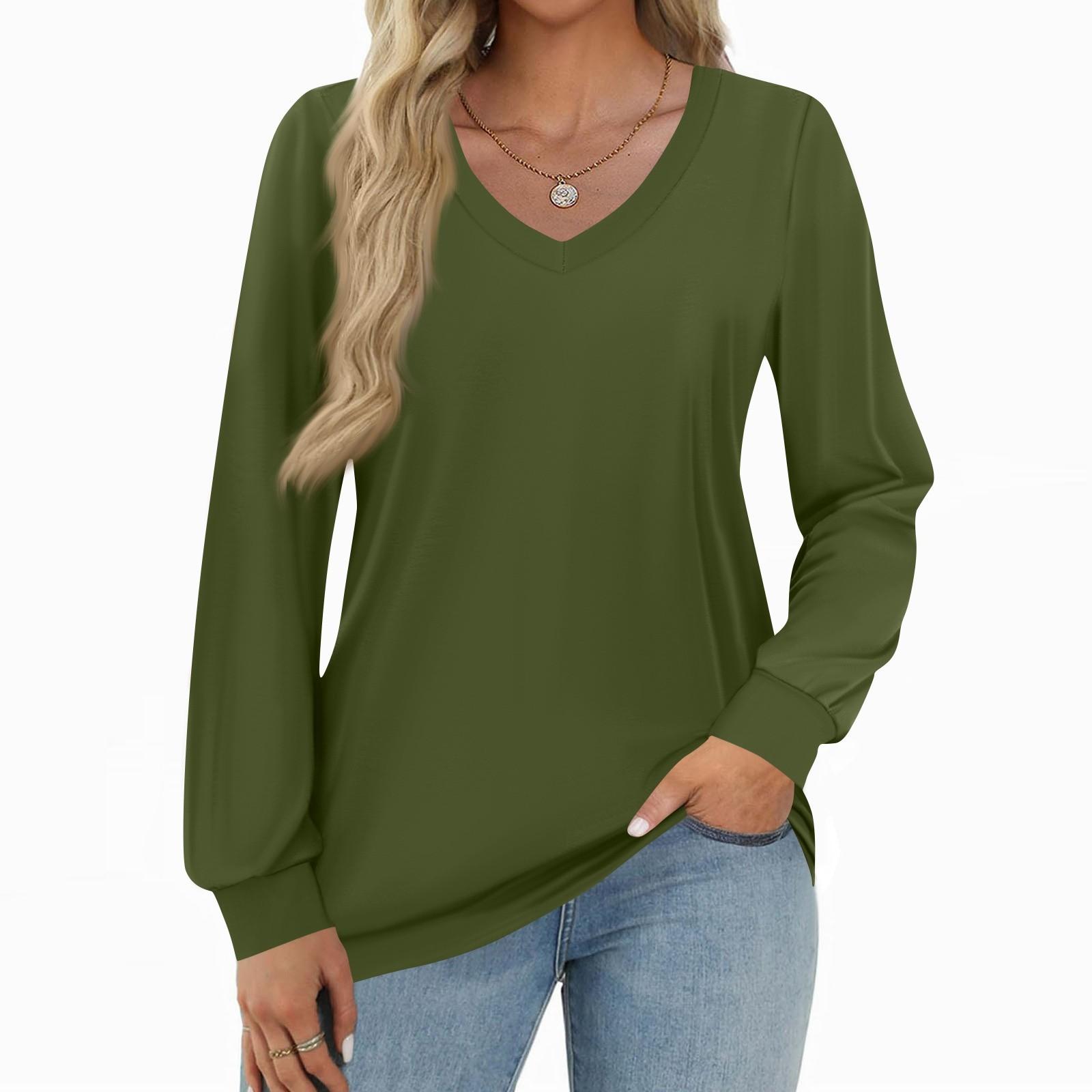 

Women s Fashion Casual Long Sleeve Solid Color Shirt Women s V-Neck Tops L армія зелений колір