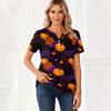 Women Fashion Casual Halloween Print V Neck Short Sleeve Decorative Button T Shirt Top for Holiday Party Daily Wear