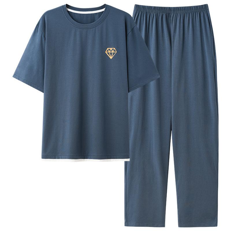 Pajamas Men's Summer Cotton New Boys Short Sleeves Long Pants Large Size Homewear Summer Set 55kg