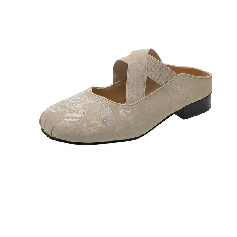 New Chinese style satin bag head slippers women's summer wear 2025 cross with ballet thick heel middle heel square head half drag