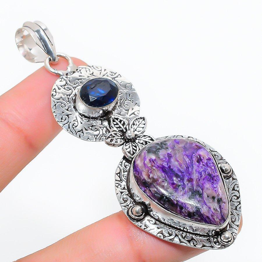 

Russian Charoite, Blue Topaz Gemstone Handmade Jewelry Pendant 2.96 SR-5106