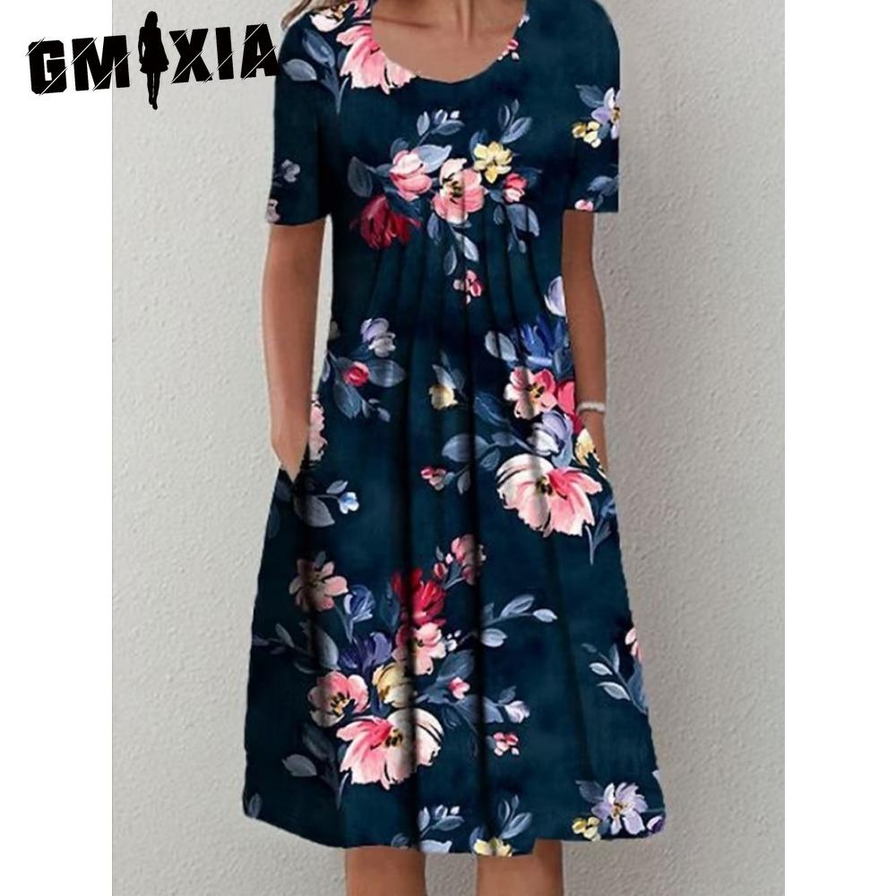 GMXIA 30 Color Pleated Midi Dress Short Sleeve Round Neck Loose Hem Mid-Calf Length Women Floral A-Line Party Dress Casual Wear