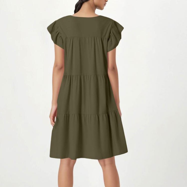 Ležérní volné šaty s volánkovými rukávy, kulatým výstřihem a jednobarevné pro ženy