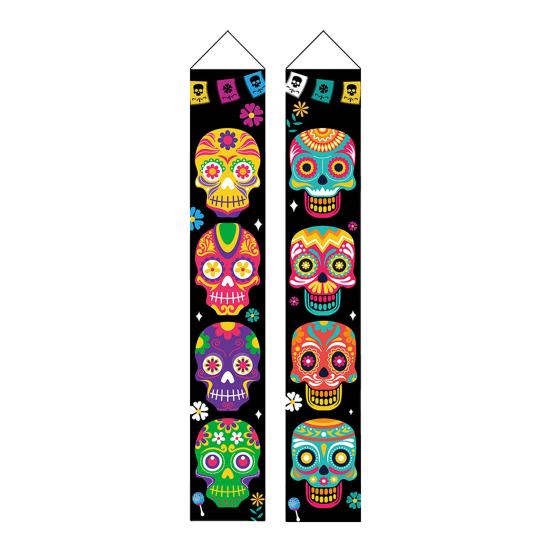 

1 пара баннеров на Хэллоуин с жутким рисунком черепа, дверные куплеты на Хэллоуин, фестивальный флаг для украшения дома, вечеринки разноцветный