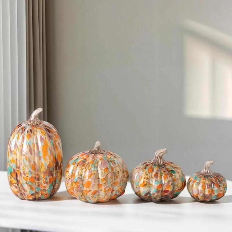Creative Glass Craft Artificial Pumpkin Sculpture Colored Transparent Glazed Pumpkin Craft Decorative Figurines Home Decoration