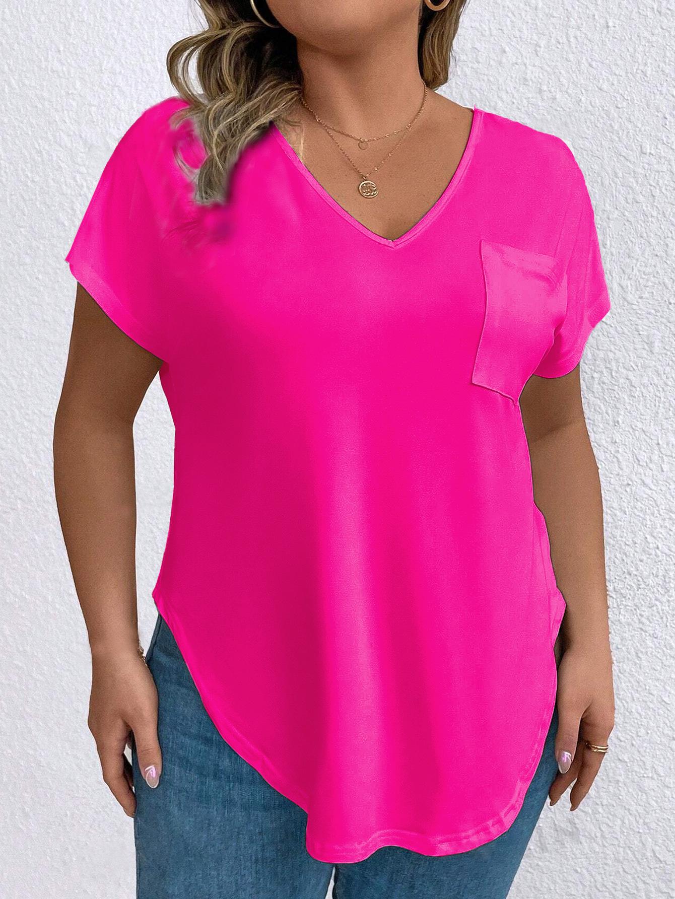 

2026 Spring/Autumn Solid Color Plus Size Women s V-neck Short Sleeve Loose Pullover Top 4XL рожевий червоний колір