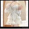 Toa Soa Floral Print Mini Chiffon Tunic Long Korean Puff Fits Shorter Women's Dress, Tiered, Off-the-Shoulder, Sleeves, Elegant, Casual, Style,