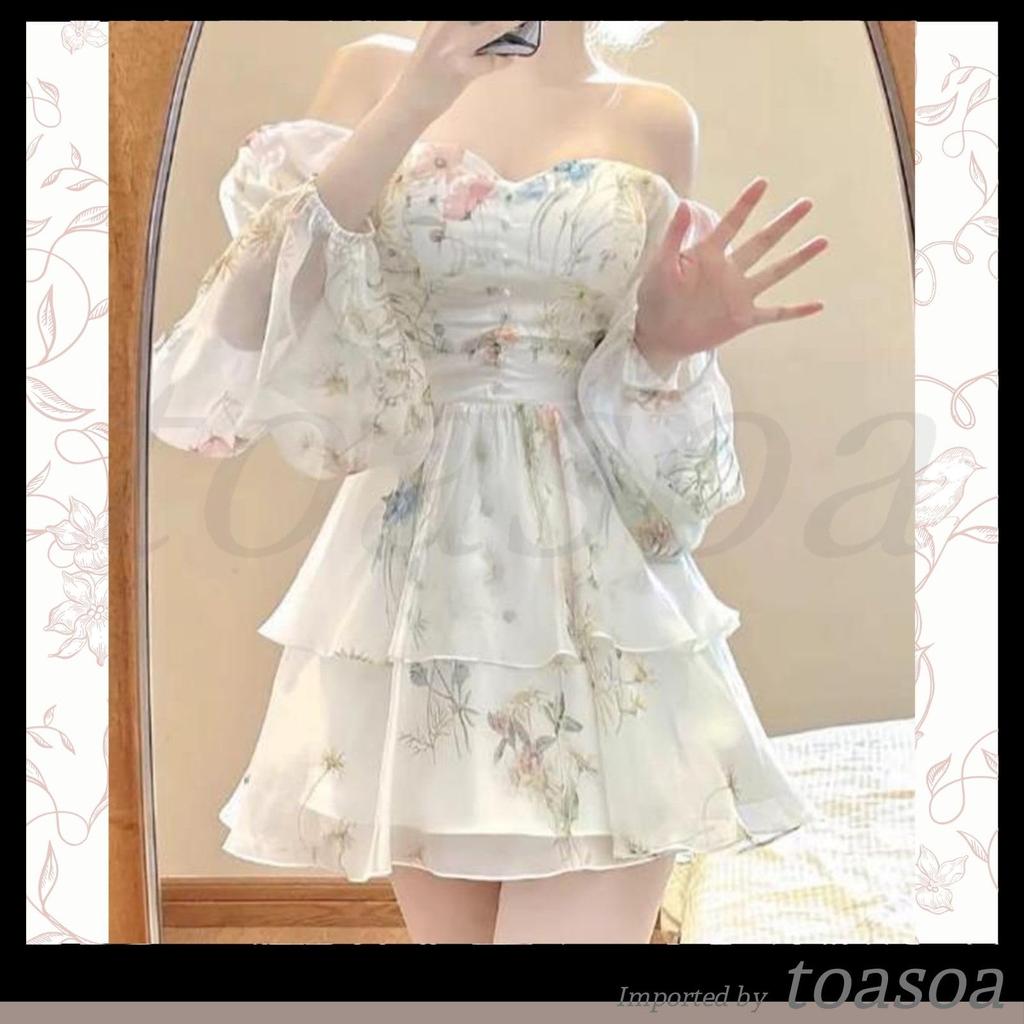 Toa Soa Floral Print Mini Chiffon Tunic Long Korean Puff Fits Shorter Women's Dress, Tiered, Off-the-Shoulder, Sleeves, Elegant, Casual, Style,