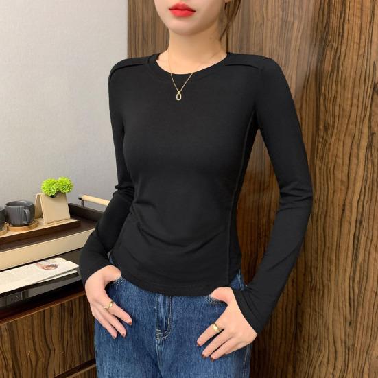 

Women Bottom Tops Round Neck Long Sleeve Slim Fit Base Shirt Solid Color Soft Elastic Pullover Tops Daily Wear XL чорний