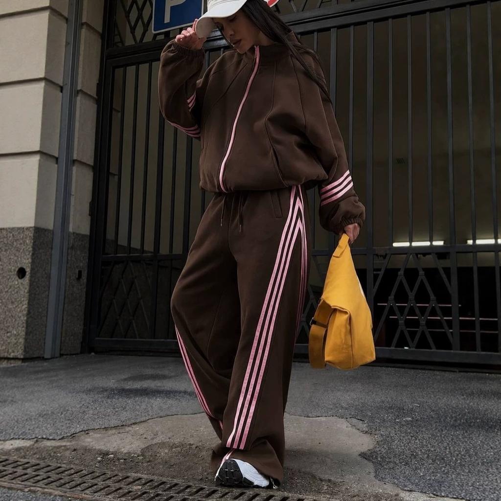 New Color Block Zip Up Classic Three Stripe Hooded Set Fashion Casual Two Piece Track Suit for Women