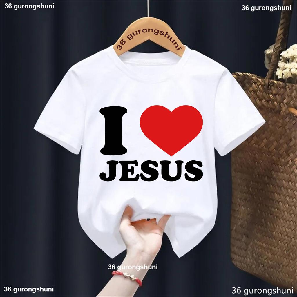 Lustiges Kawaii Kinderkleidung L Ich liebe Jesus Buchstaben bedrucktes T-Shirt Mädchen/Jungen Sommer Weiß/Schwarz/Rosa/Blau/Grau/Gelb T-Shirt
