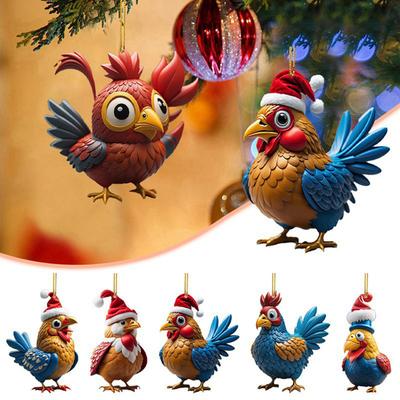 Christmas Chicken Ornament Cartoon Chicken Xmas Tree Hanging Decoration 2D Flat