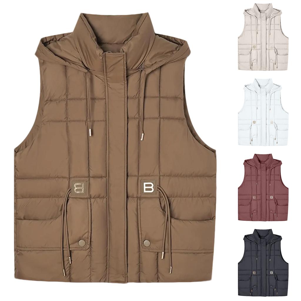 Women's Solid Color Zipper Fashion Pockets Stand-Up Collar Vest Top Coat