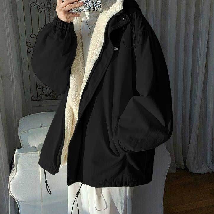 Winter Loose Korean Style Workwear Coat Women Thick Fleece Lined Jacket Vintage Fashion Clothes