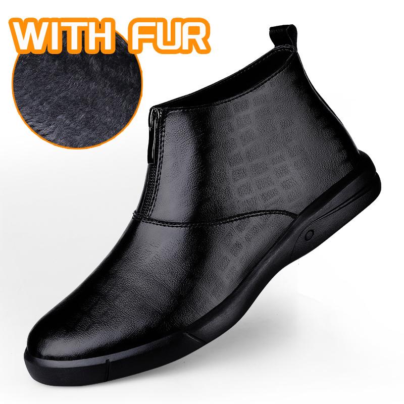 Fashion New Arrival Mens Slip on Chelsea Boots Genuine Leather Casual Ankle Boots Comfortable Man Business Botas Winter Plush Snow Shoes