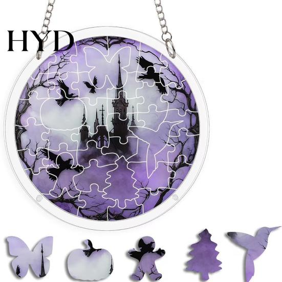 Ghost Themed Halloween Sign Acrylic Puzzle Decor, 2D Pumpkin Skeleton Hanging Sign, Faux Decoration Stained Glass Spooky for Party Home Stress Relief