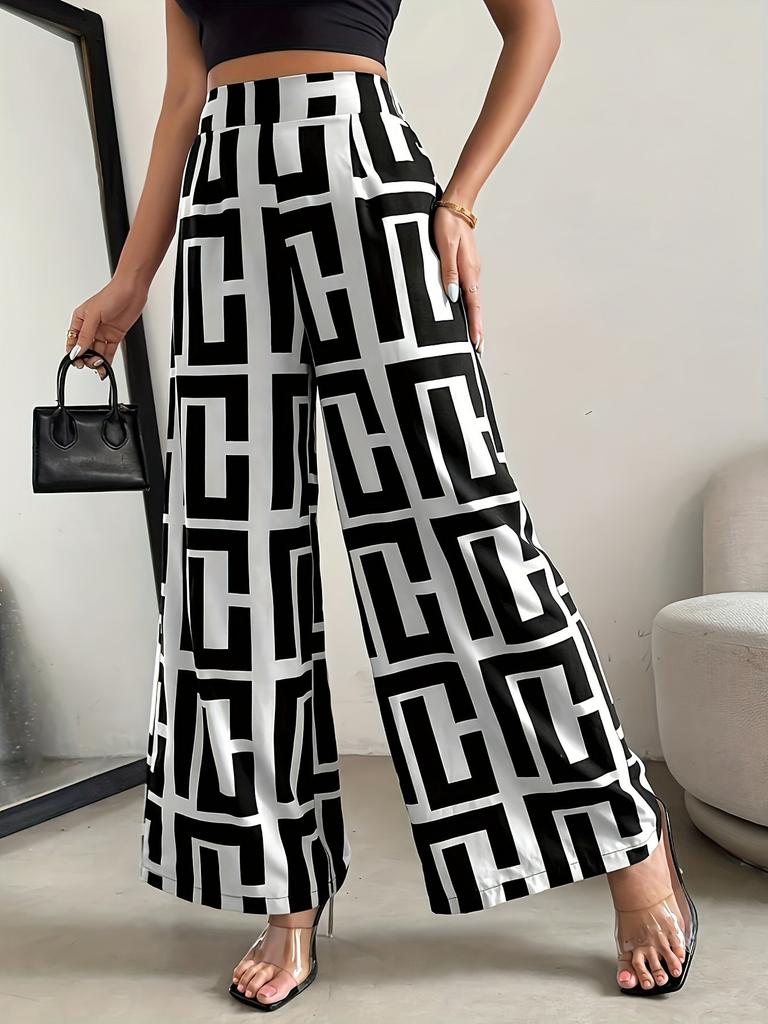 2026 Lässiger Eleganter Bohème-Stil - Weiter Bein Elastische Taille Zweifarbig Kariert Bedruckte Lockere Hose Weiter Bein Hose