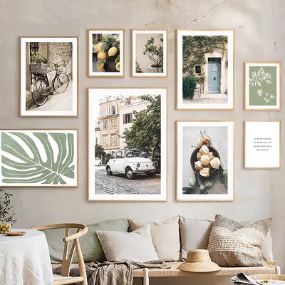 Nordische Stadt Retro Auto Straße Zitronenbaumblatt Wandkunst Leinwand Malerei Poster und Drucke Wandbilder Wohnzimmer Schlafzimmer Dekor