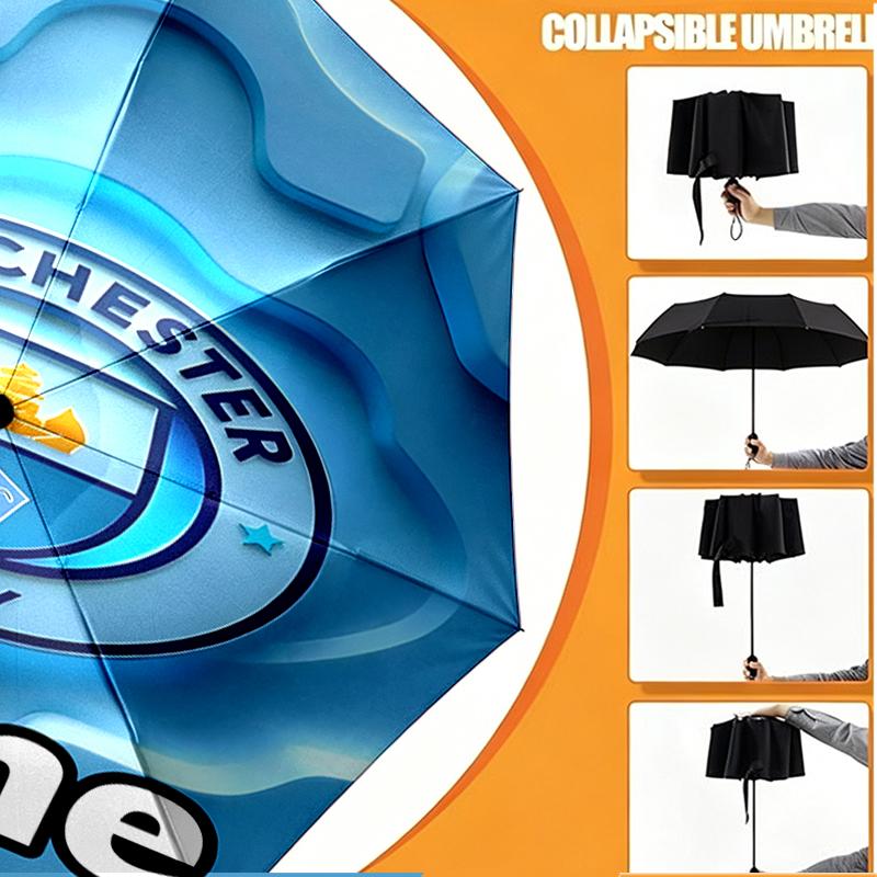 Custom Name Personalized Manchester City FC Print Umbrella, Auto Open Close, 8‑Rib Sturdy Frame, Commute Camping Hiking Use, Birthday Gift