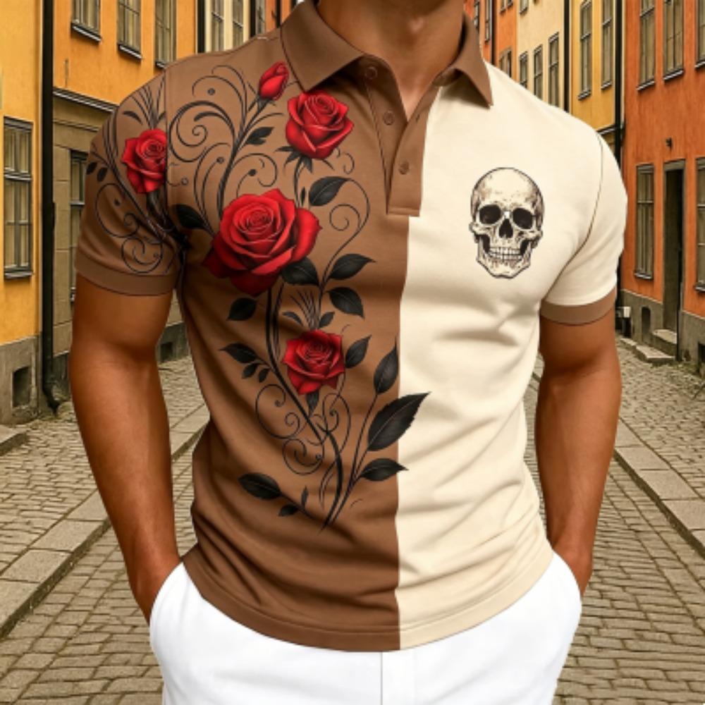 Men's Skull Rose Floral Print Polo Shirt Men's Outdoor Street Short Sleeve Tees Top Summer Home Casual T-shirt Men's and Women's Polo Shirt