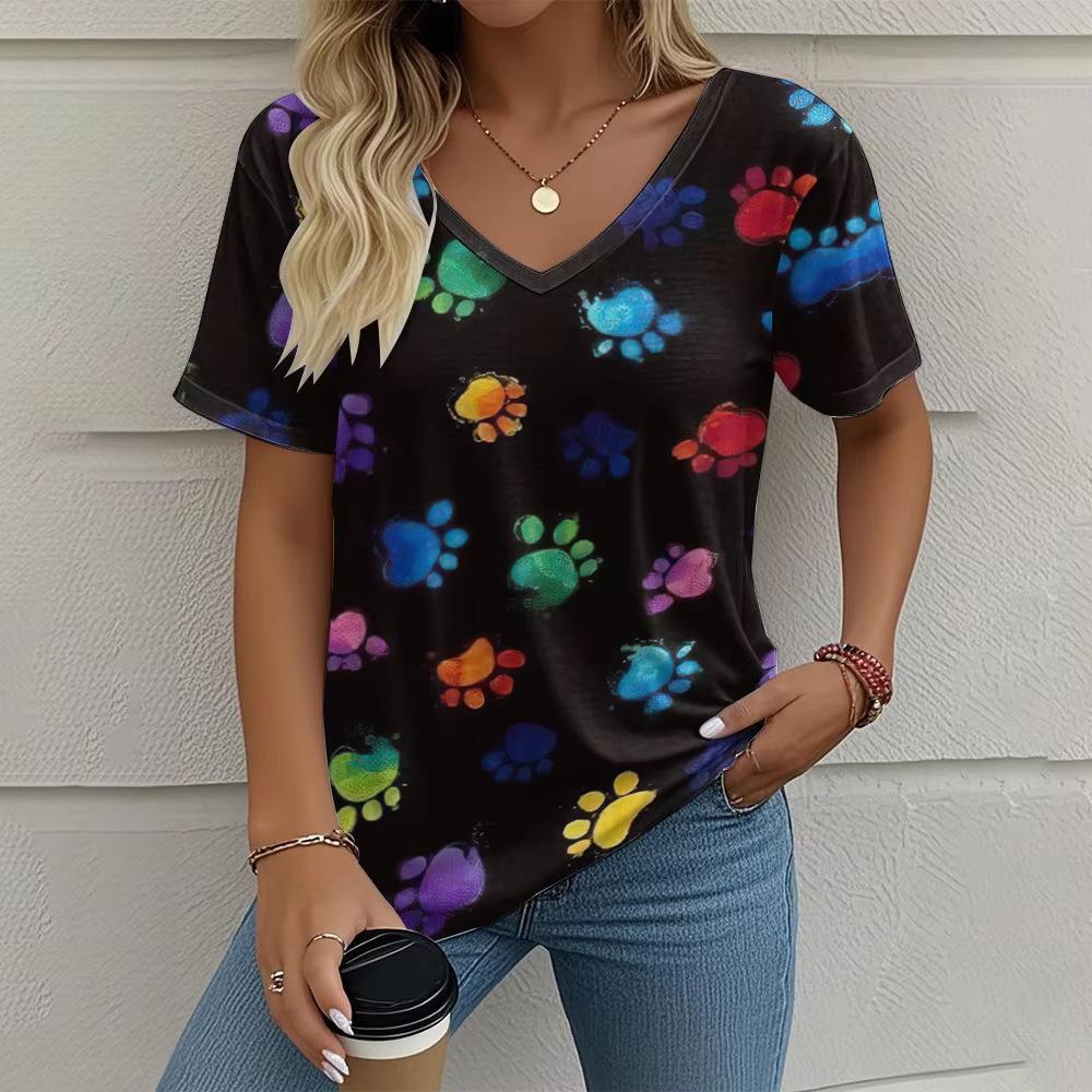 Summer V-neck 3D Printed Cat's Paw Pattern Top Fashionable Casual Short Sleeved Women's T-shirts
