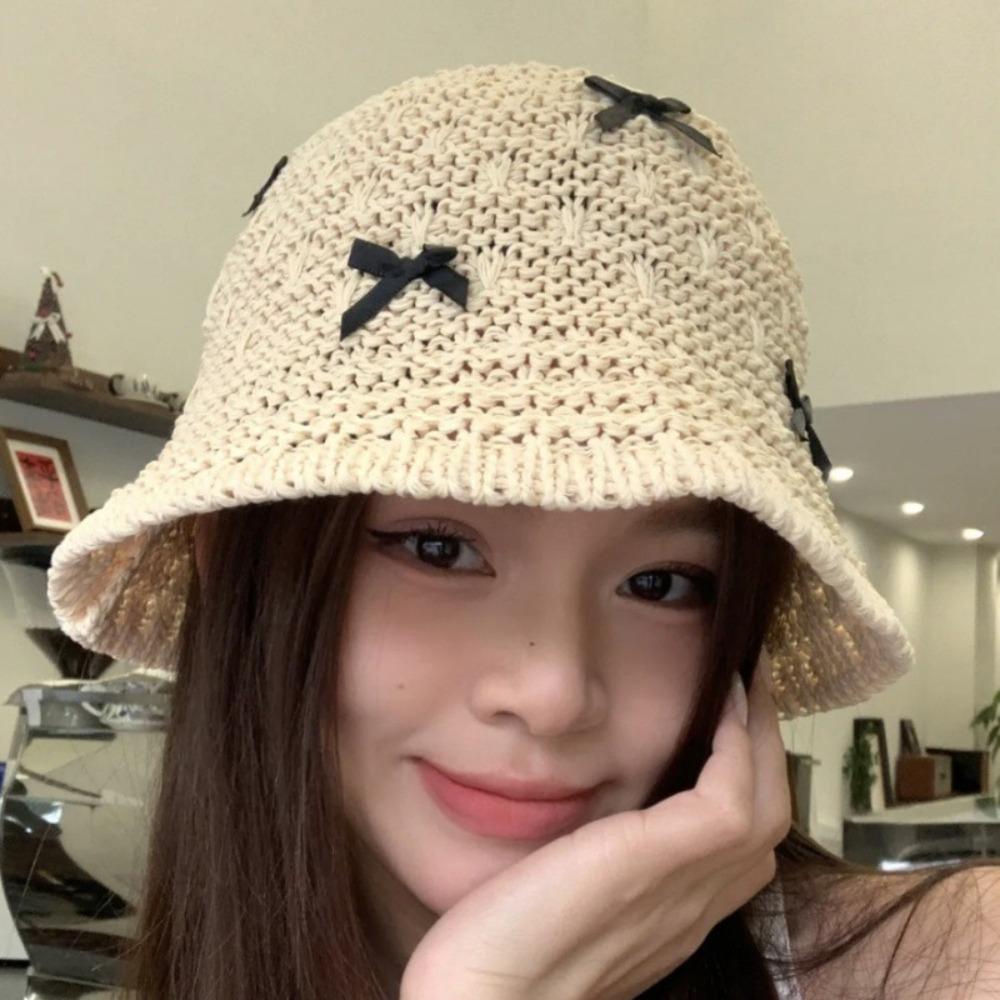 Mini Bow Beach Straw Hat Breathable Women Suncreen Hat Fashion Korean Bucket Hat  Sun Protection