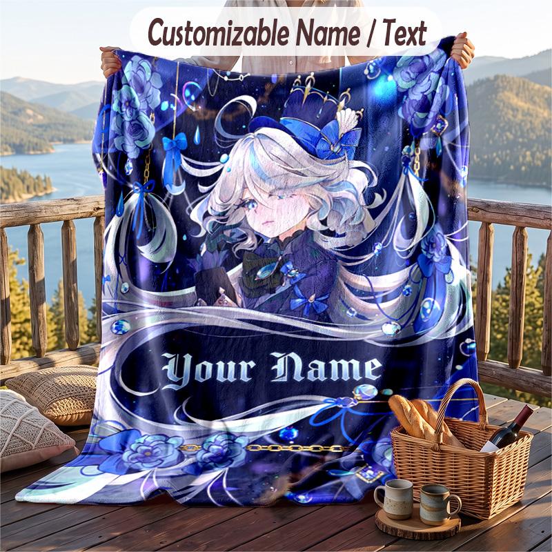 Custom Text Flannel Throw Blanket, Lightweight Cozy Bed Sofa BlanketGenshin Impact