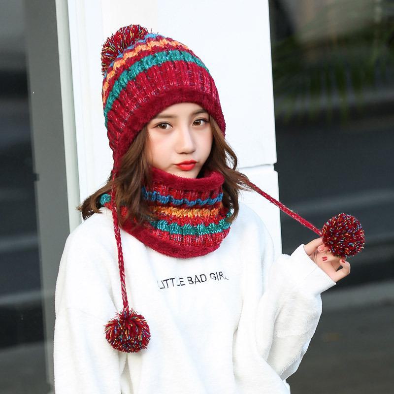 Korean Style Women's Knit Earmuff Hat and Scarf Set - Plush, Thick, and Trendy for Outdoor Warmth.