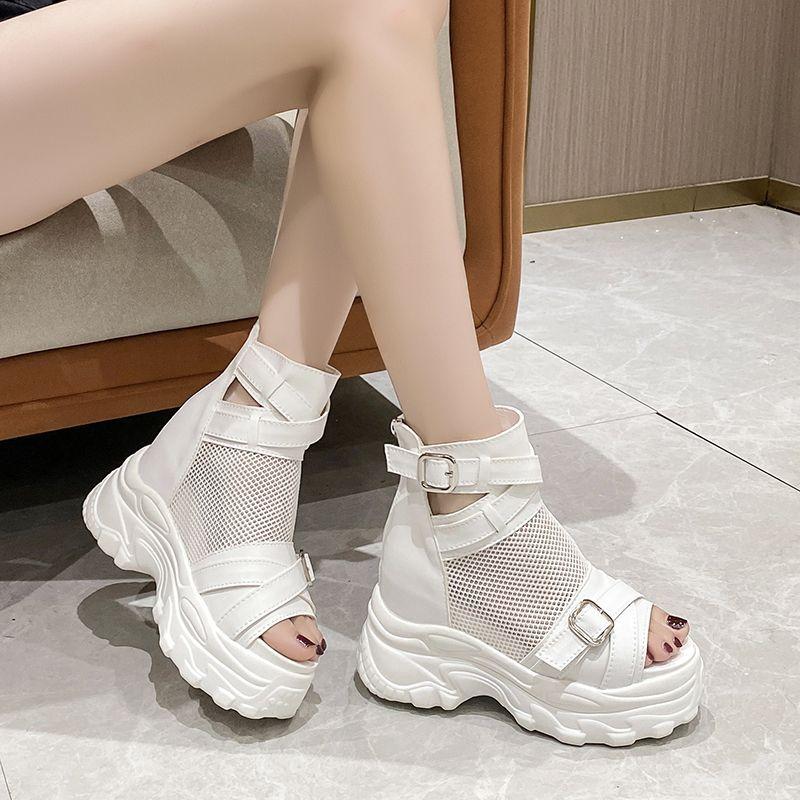 Dámské sandály Dámské módní černé sandály prodyšné síťované 6cm podpatky boty na platformě s přezkou sandály Dámské sandály na zip