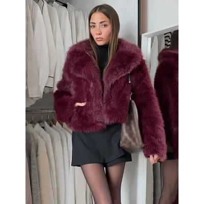 Retro Burgunder Umlegekragen Langärmeliger Kurzer Warmer Mantel Elegant Einfarbig Locker Kunstpelzjacke Neuer Damen High Street Mäntel