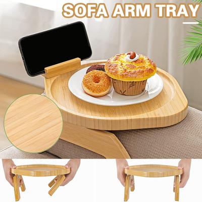 Wooden Sofa Arm Tray,Portable Armrest Table with Rotating Phone Stand for Breakfast,Multi-Purpose Sofa Fruit Snack Clip-On Tray
