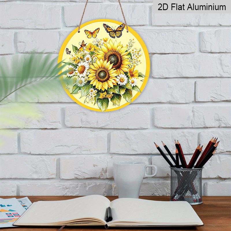 2D Flat, 1pc Round Aluminum Hanging Sign, Bright Sunflower & Monarch Butterfly Metal Wall Art, Floral Daisy Bouquet Design, Perfect for Garden