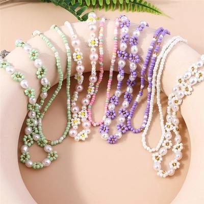 2pcs/Set Summer Beach Bohemia Colorful Beads Necklace for Women Girls Flower Pearl Necklaces Handmade Holiday Jewelry Gifts
