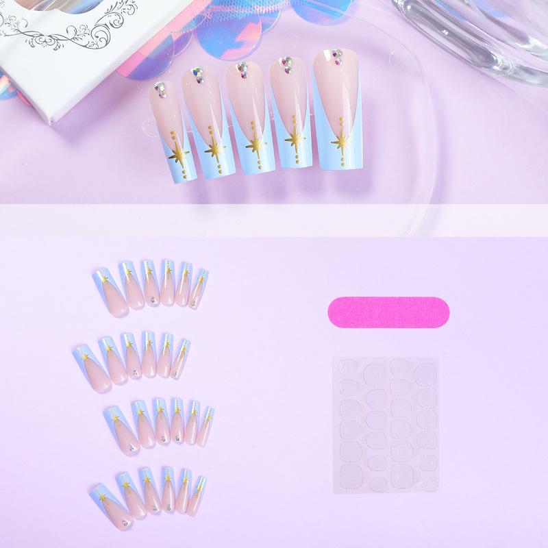

Blue-Purple French Edge Extra-Long Rectangular Press-On Nails with Gold Hexagram Pattern