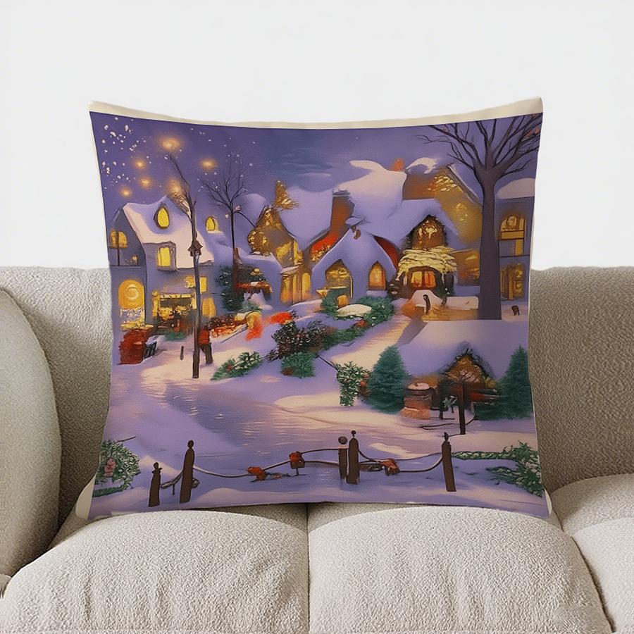 Home Decor Snowy Village Nighttime Decorative Throw Pillow Pattern Cushion Cover Suitable For Sofa Bedroom Car Pillow Cover