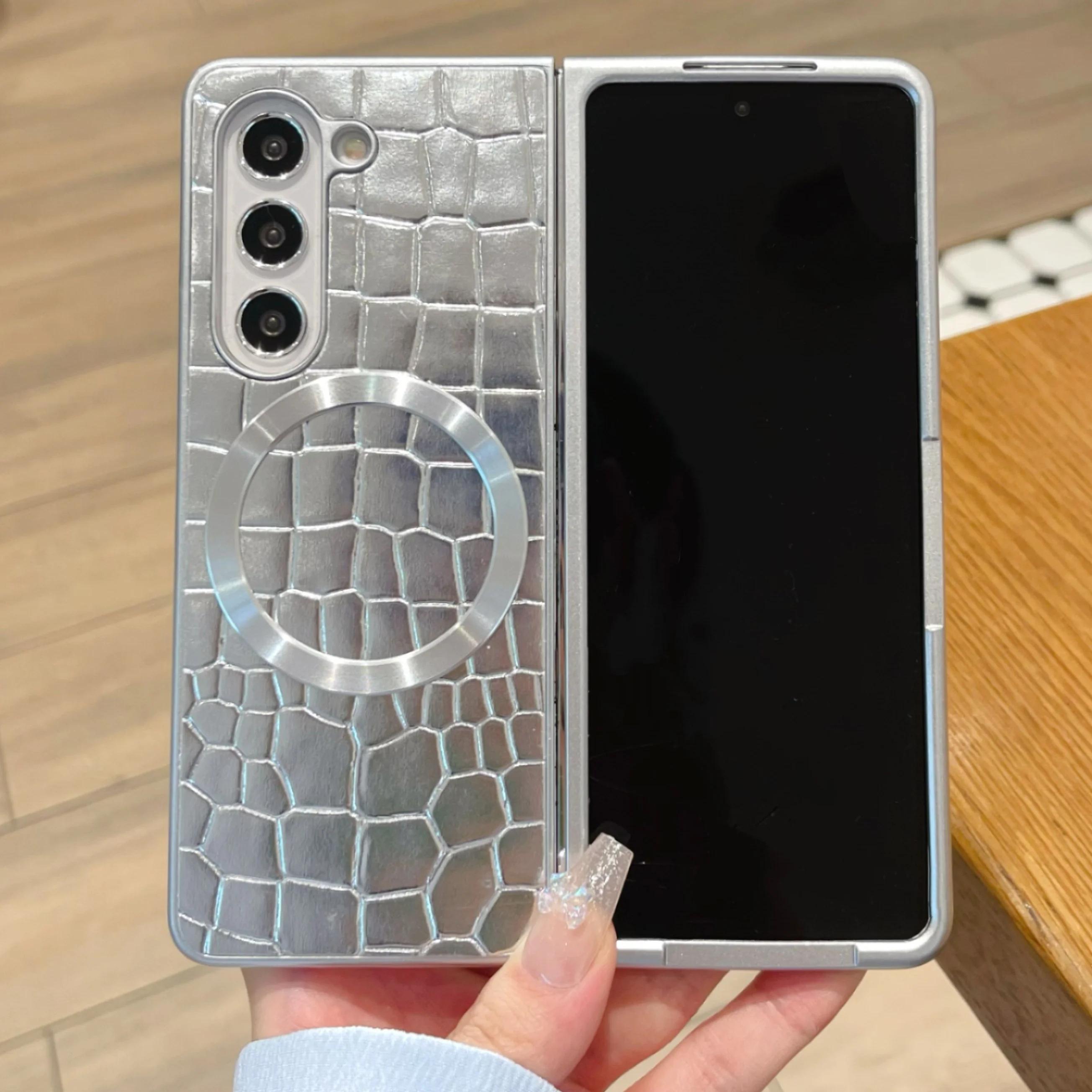 

Роскошный деловой чехол для телефона из кожи с тиснением под змеиную кожу для Samsung Galaxy Z Fold 7 6 5 4 3 с магнитной задней крышкой Funda Galaxy Z Fold7 бежевый