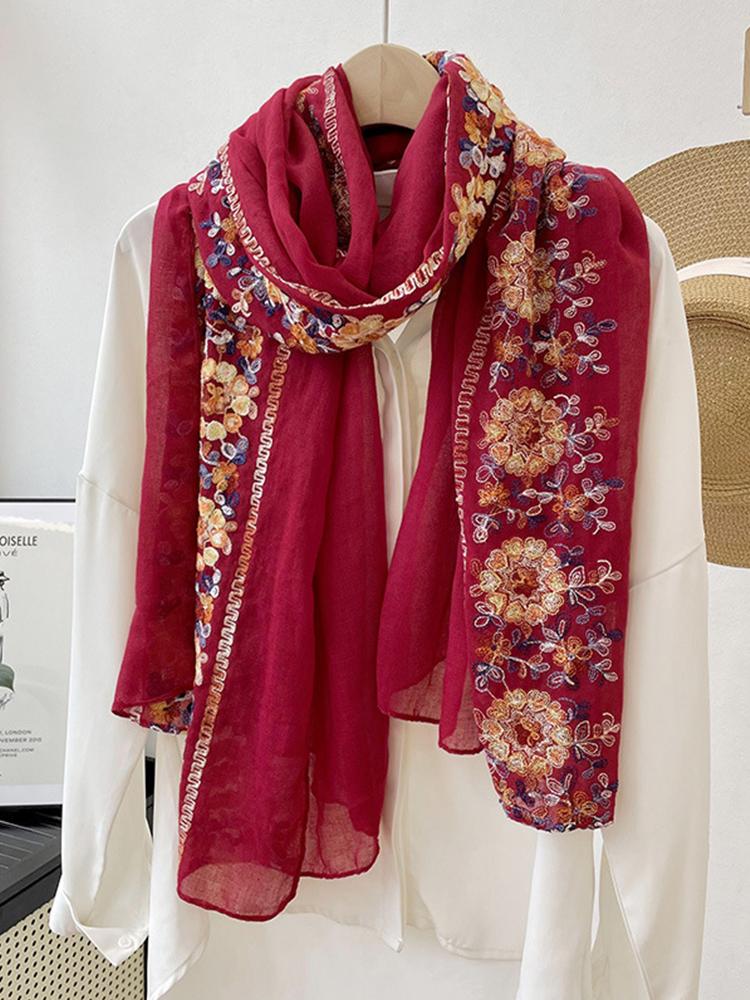 Elegant Women Boho Chiffon Silk Scarf Wrap Shawl Flower Embroidery Sunscreen Bandanas Hijab Mujer Scarve Pareo Beach Casual New
