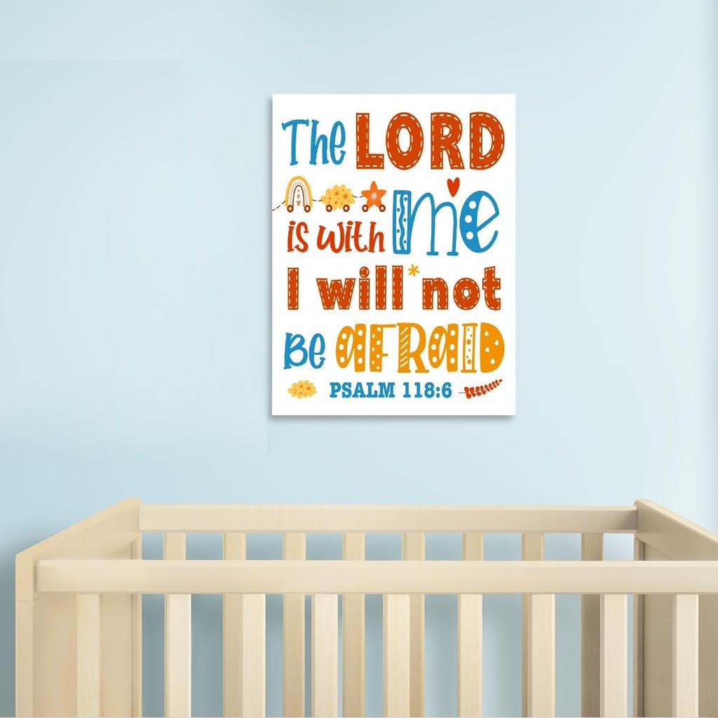 Christian Scripture Wall Art For Kids,The Lord Is With Me Psalm 118:6 pirational Bible Verse Canvas Framed Paintings Posters For Nursery Sunday