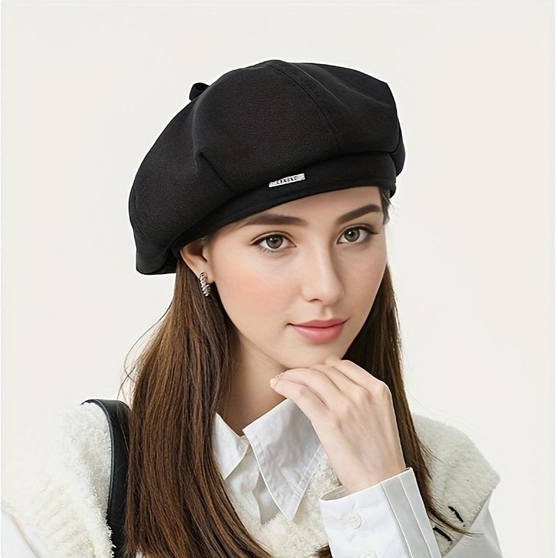 Béret à étiquette métallique pour femme, chapeau de ski décontracté rétro pour sports de plein air, cyclisme, automne et hiver