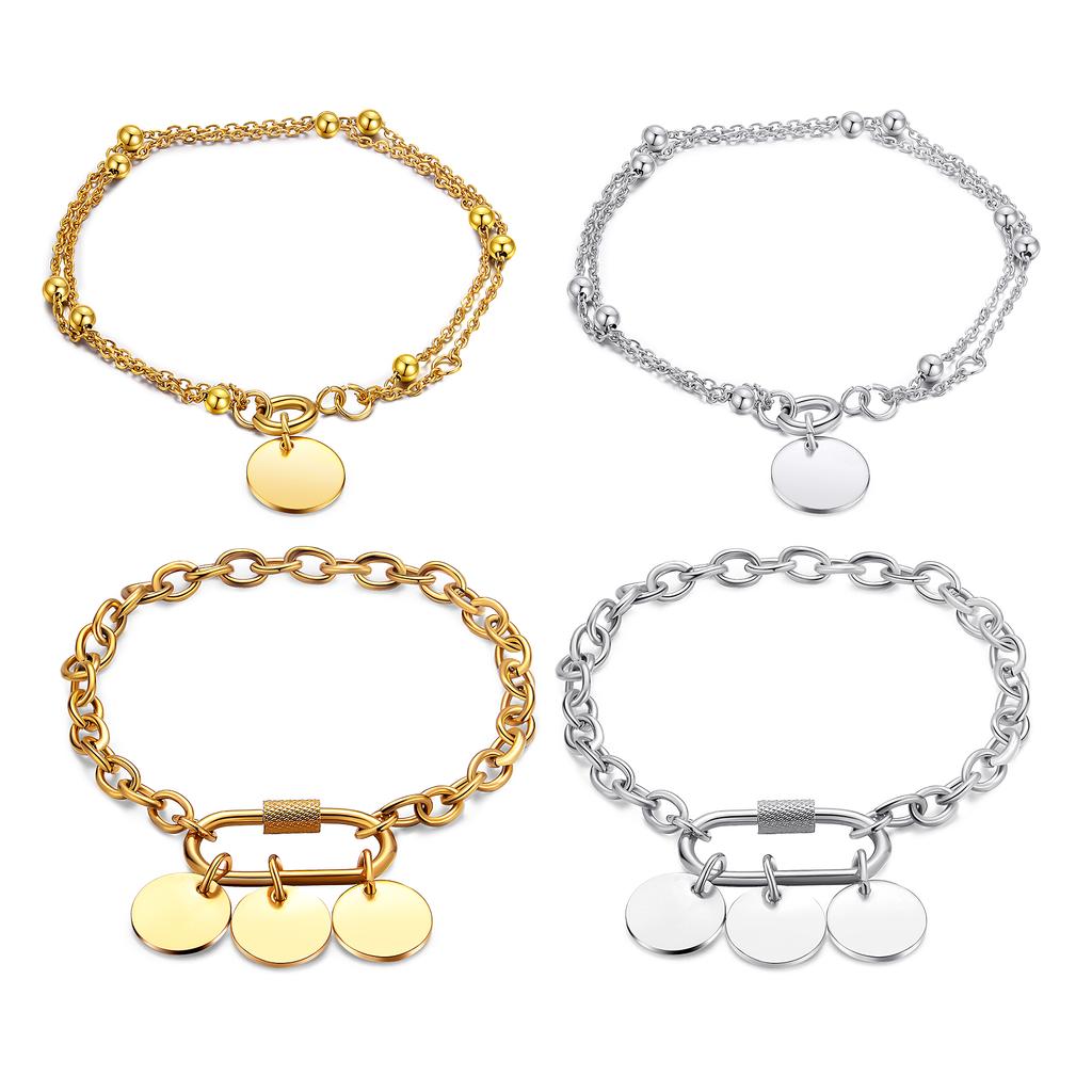 New Customize Name&Date Women Girls Link Chain Bracelet Stainless Steel Round Charm Personalized Jewelry Length 18cm