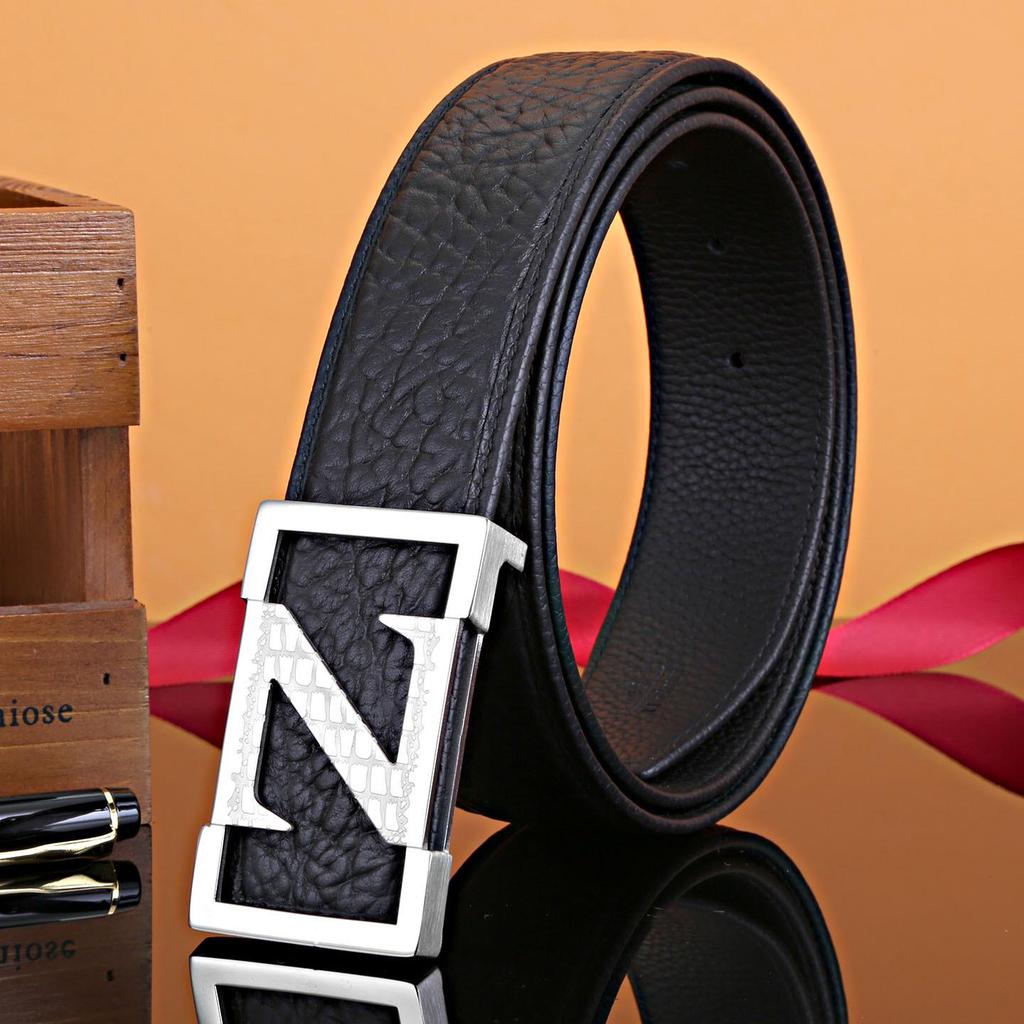Men's Z Letter Business Casual Buffalo Leather Belt with Stainless Steel Buckle